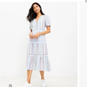 Loft Striped Button V-Neck Tiered Midi Dress